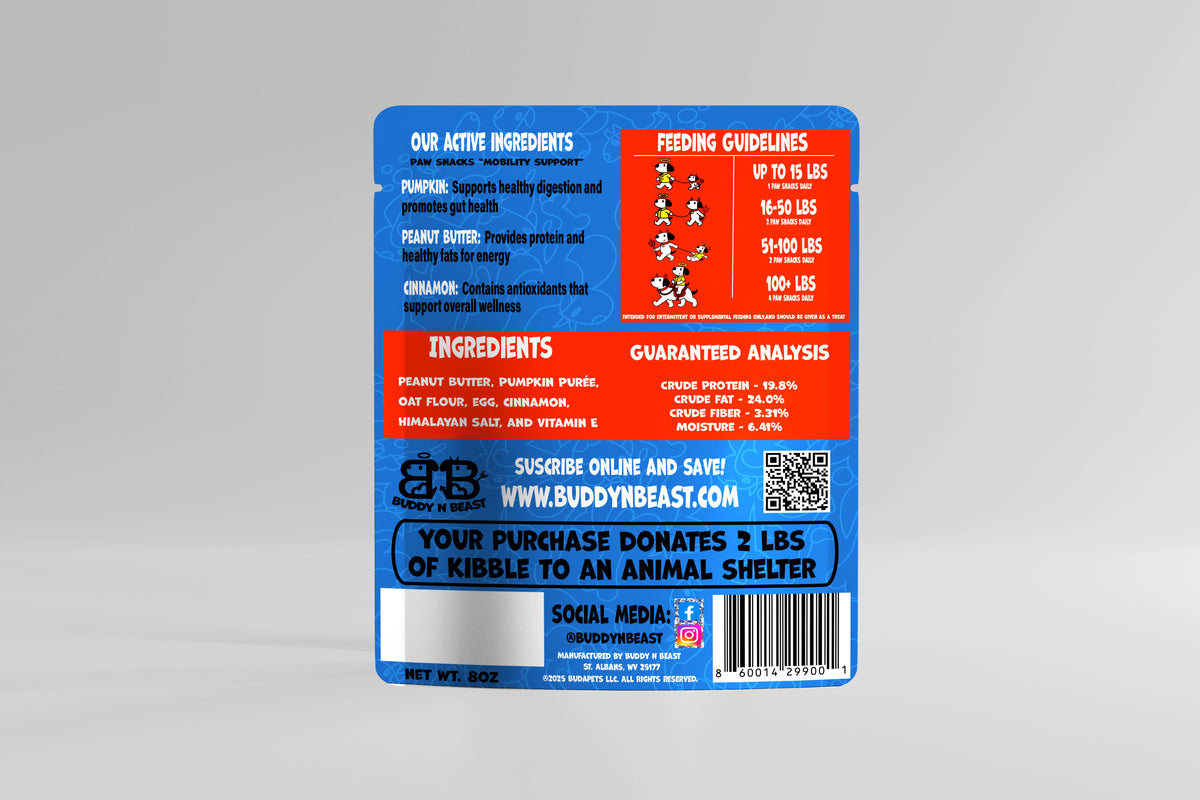 Regular dog snack pouch back panel with ingredients, analysis, and barcode