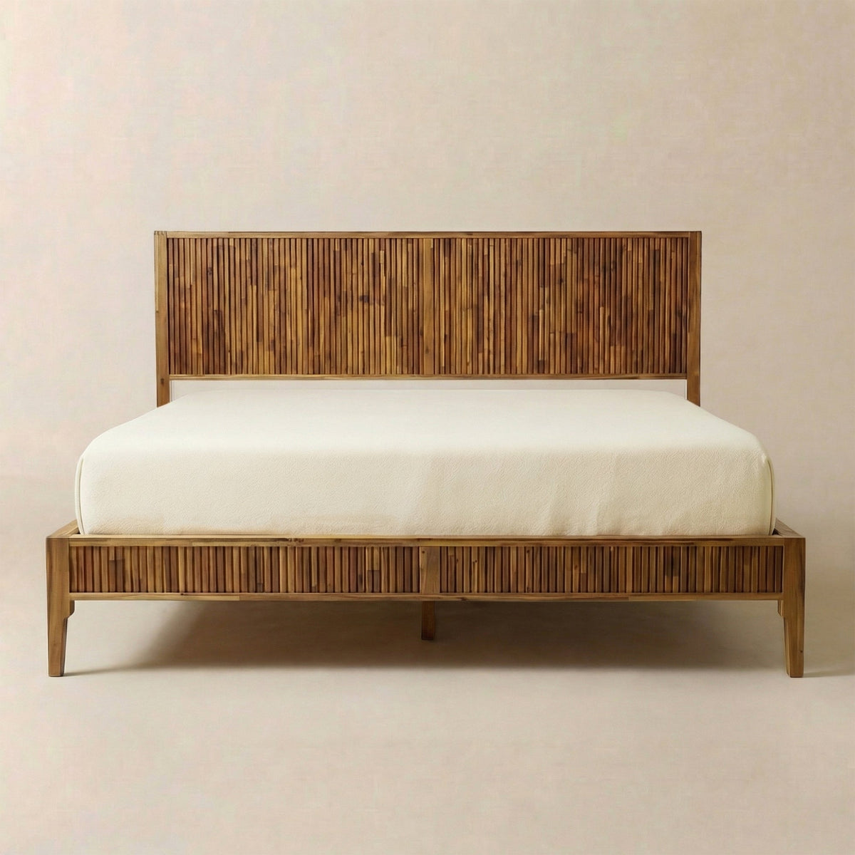 Solid wood bed frame with vertical slat headboard and footboard, curved legs