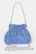 Blue mesh drawstring clutch with silver chain strap and small shoulder handles