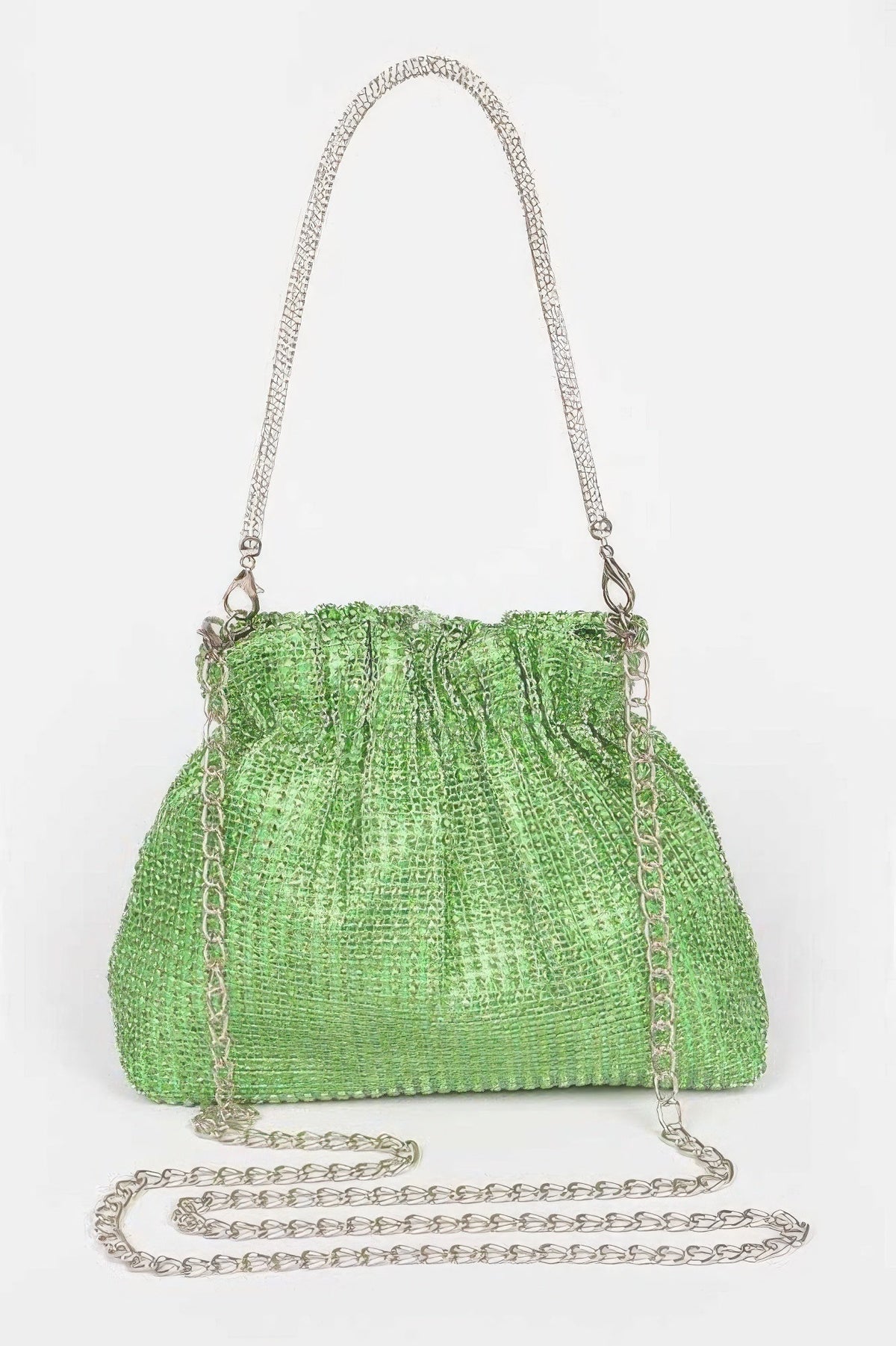Green mesh drawstring clutch with silver chain strap and small shoulder handles