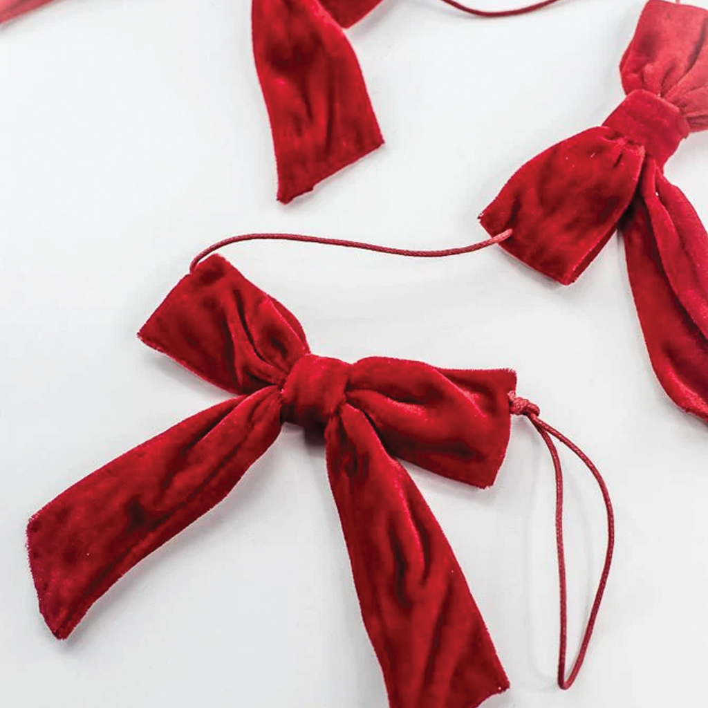 Large red velvet bows with long ribbon tails tied along a string