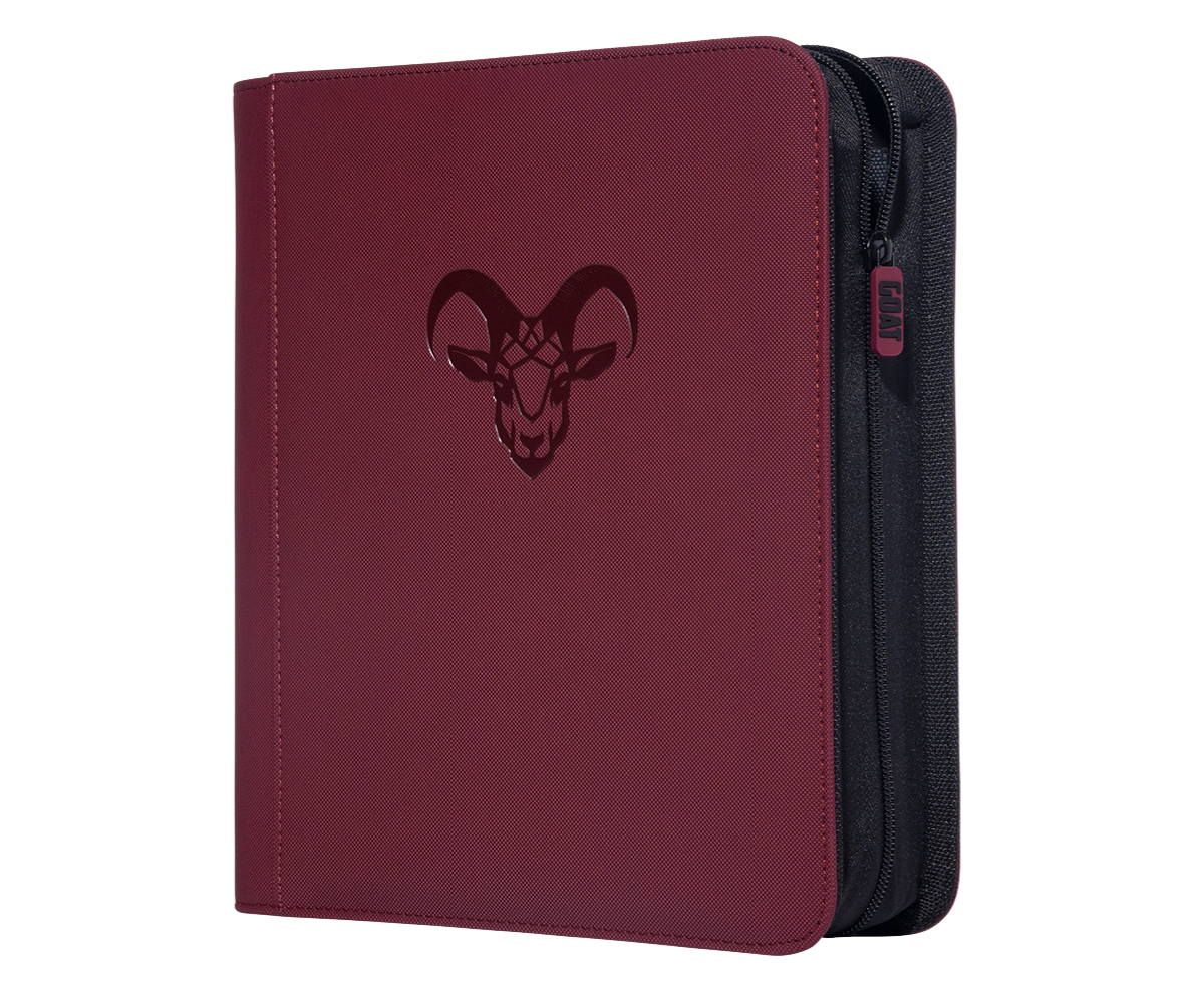 Four-pocket toploader binder in brick red with front emblem and side zipper