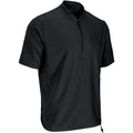 Black short-sleeve warm-up jacket with quarter-zip and stand collar, drawcord hem