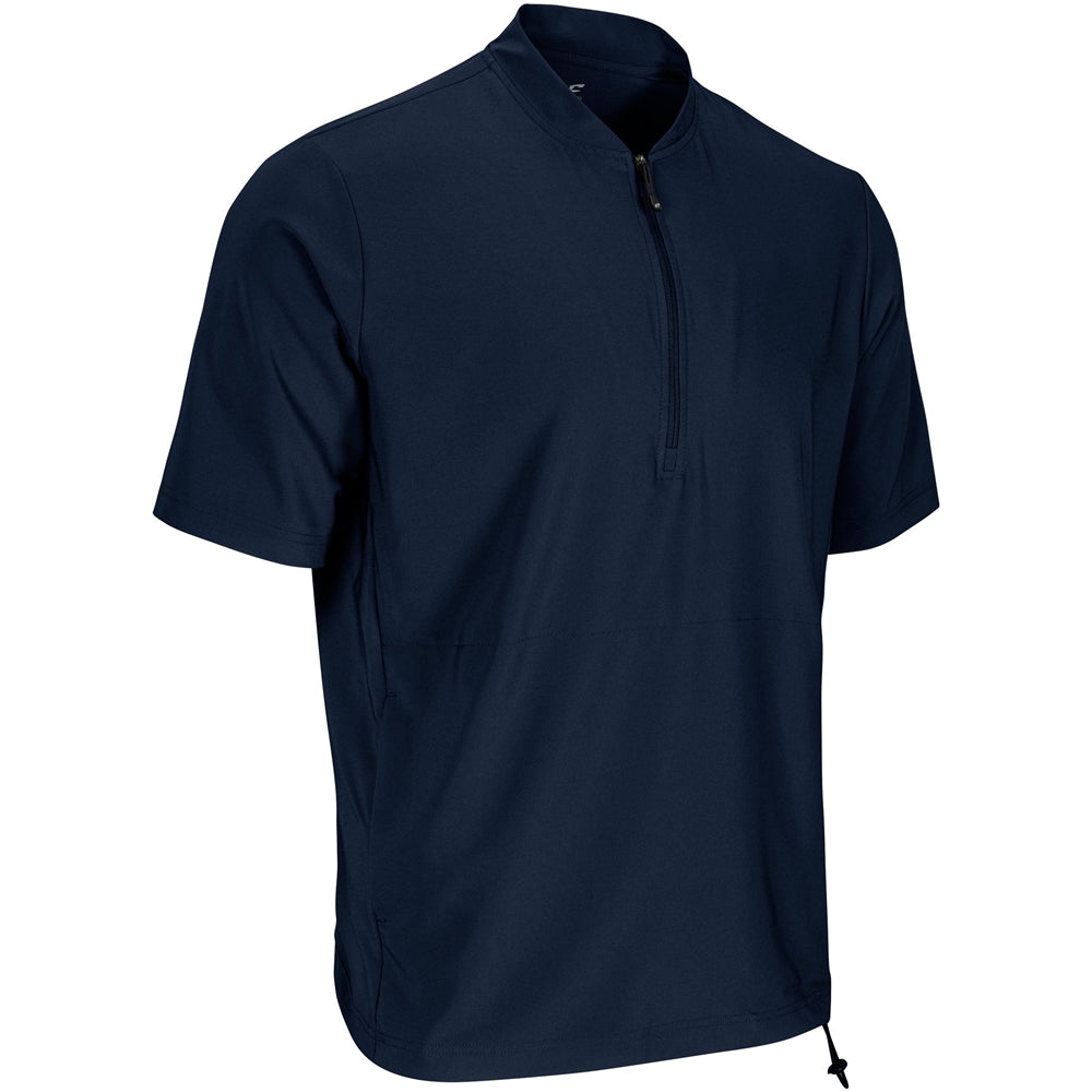 Navy woven warm-up jacket with short sleeves and quarter-zip front