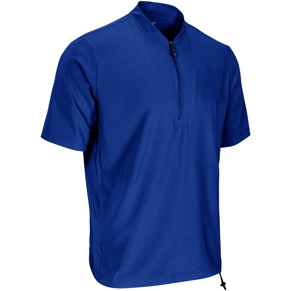 Royal blue short-sleeve warm-up jacket with quarter-zip and stand collar, drawcord hem