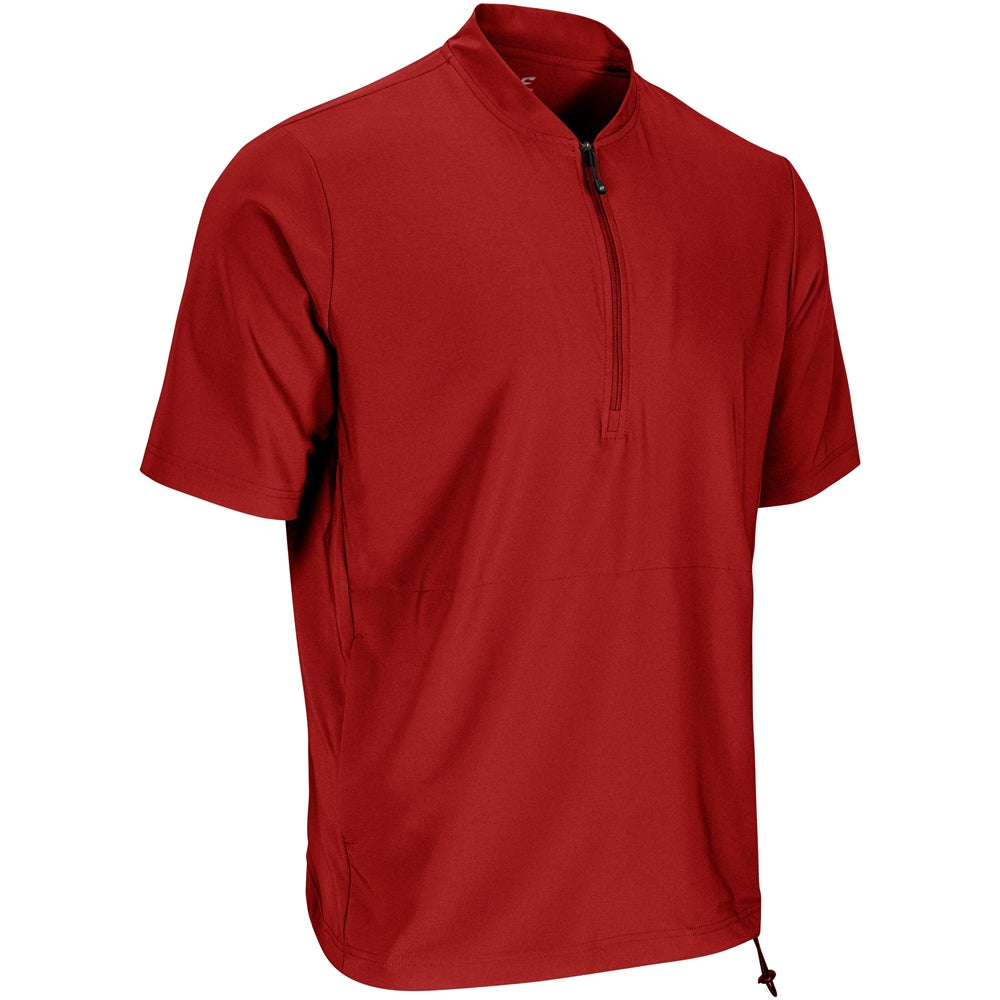 Scarlet red woven warm-up jacket with short sleeves and quarter-zip front