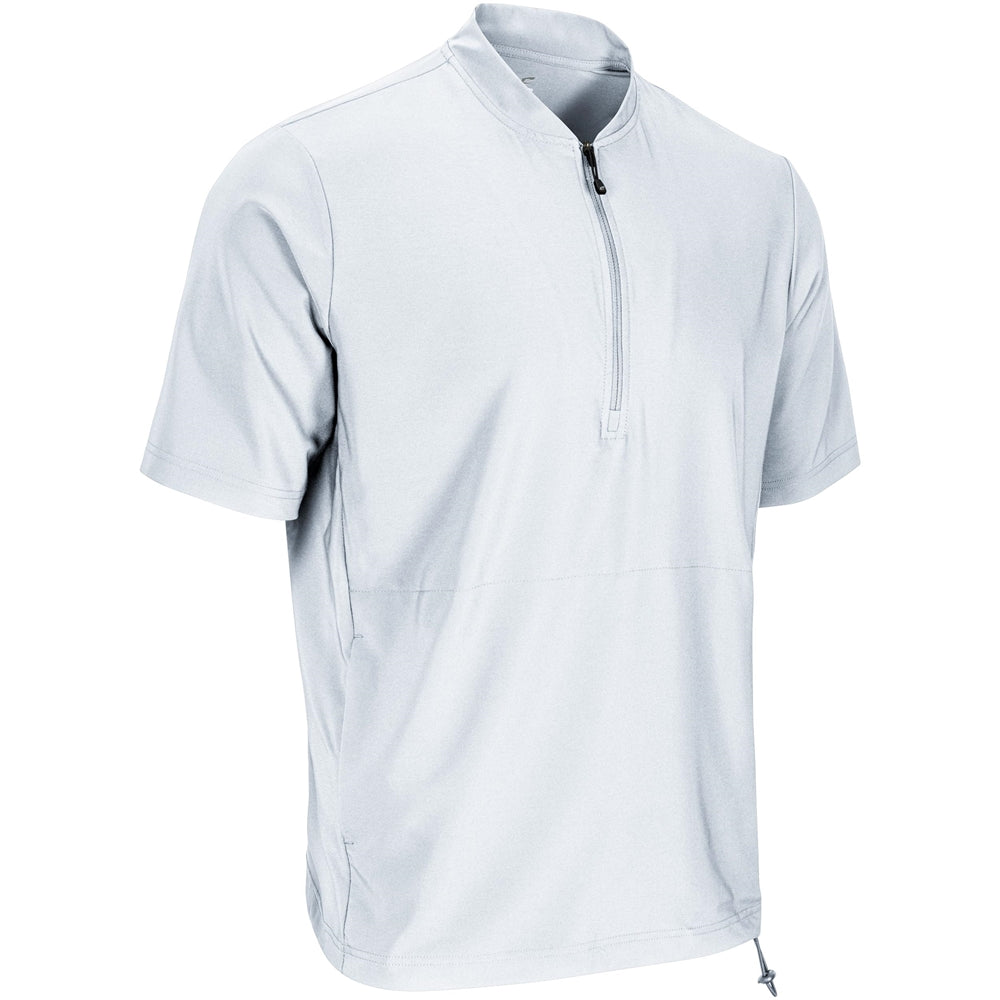 White woven warm-up jacket with short sleeves and quarter-zip front