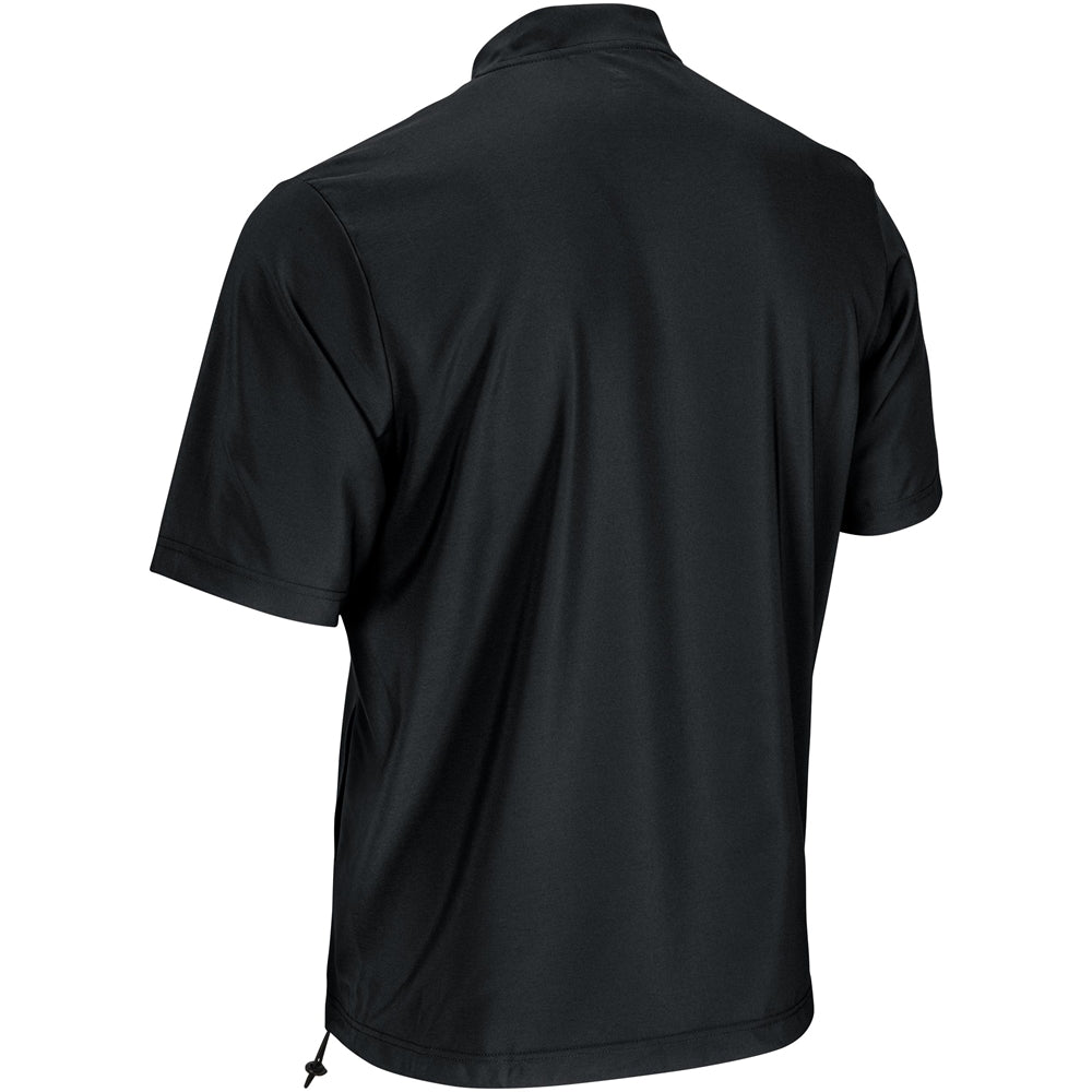 Black warm-up jacket with short sleeves, stand collar, quarter-zip, drawcord hem