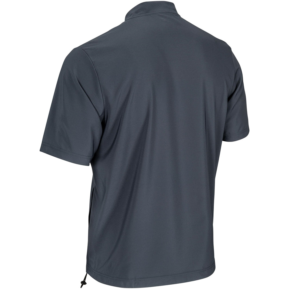 Graphite warm-up jacket back view with short sleeves, stand collar, drawcord hem