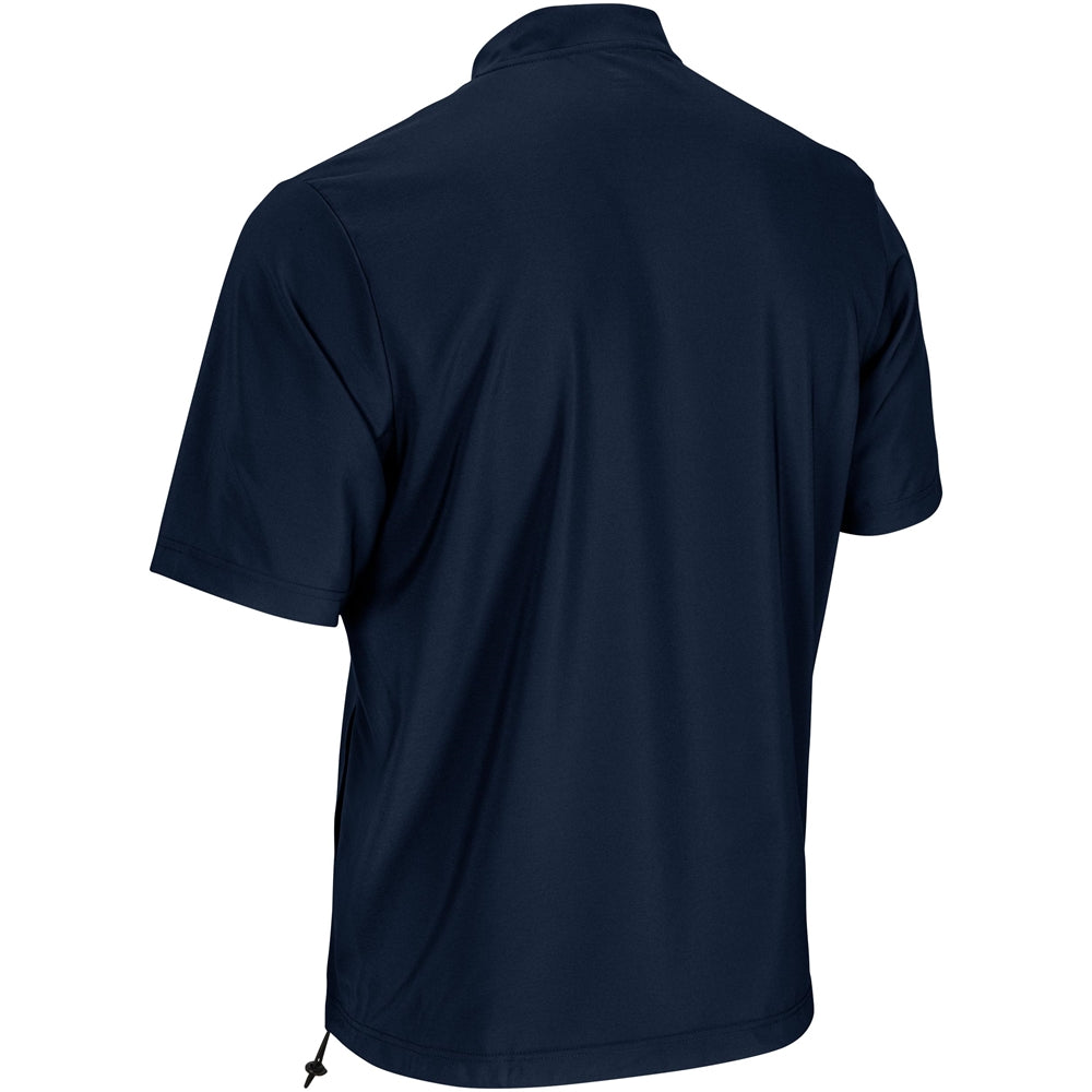 Navy warm-up jacket back view with short sleeves, stand collar, quarter-zip, drawcord hem