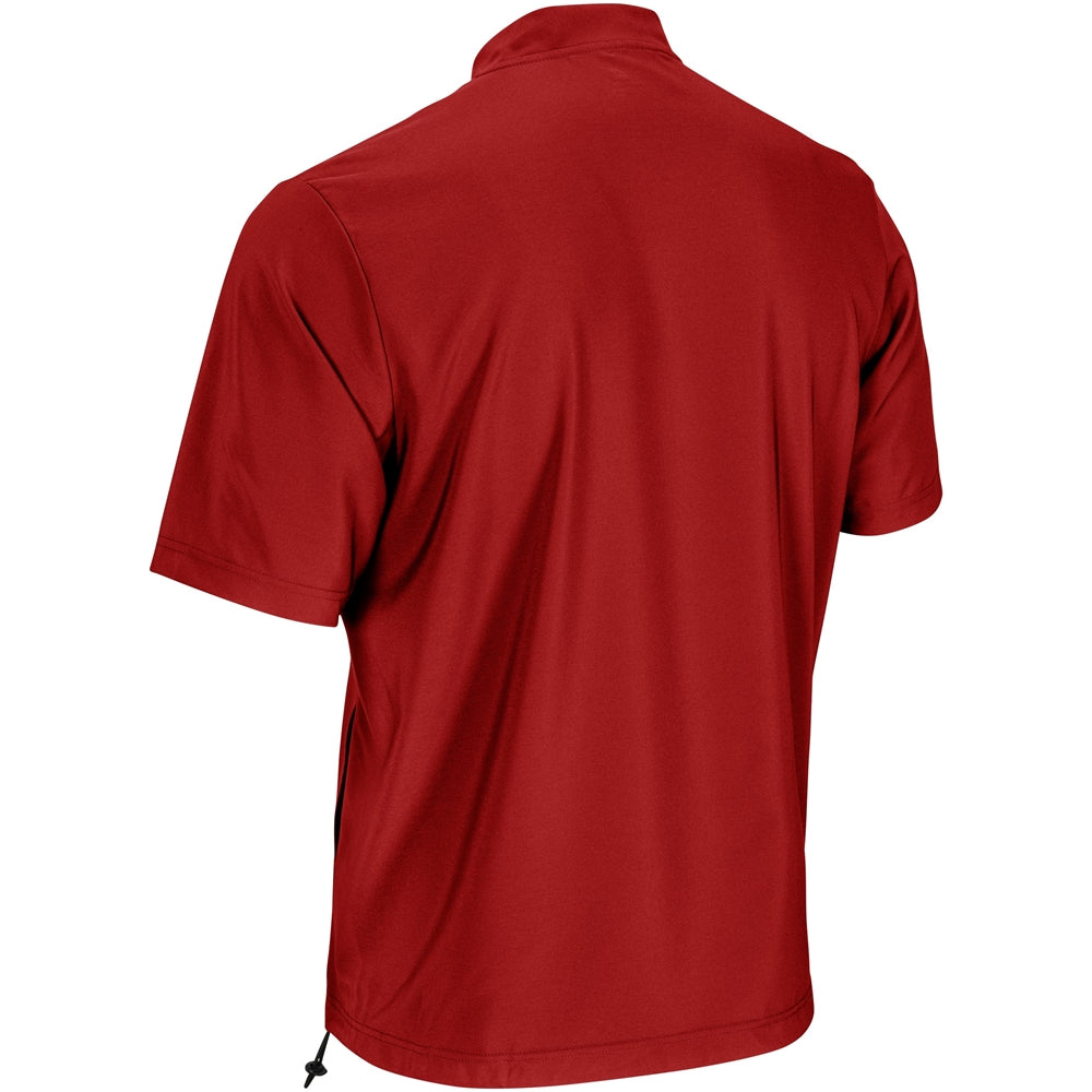 Scarlet red warm-up jacket back view with short sleeves, stand collar, quarter-zip, hem drawcord