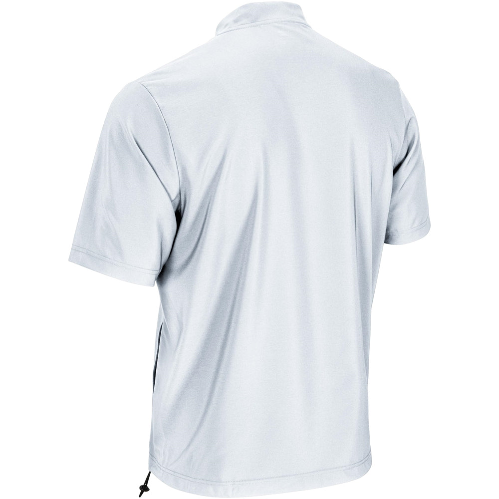 White woven warm-up jacket, back view with short sleeves and quarter-zip