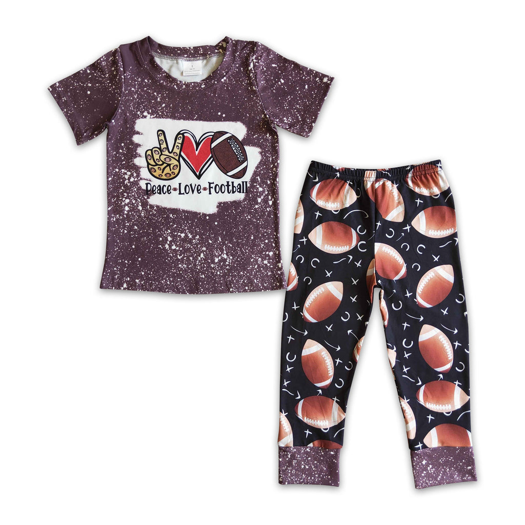 Kids football T-shirt and pajama pants set, maroon speckled top and black football-print pants