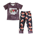 Kids football T-shirt and pajama pants set, maroon speckled top and black football-print pants