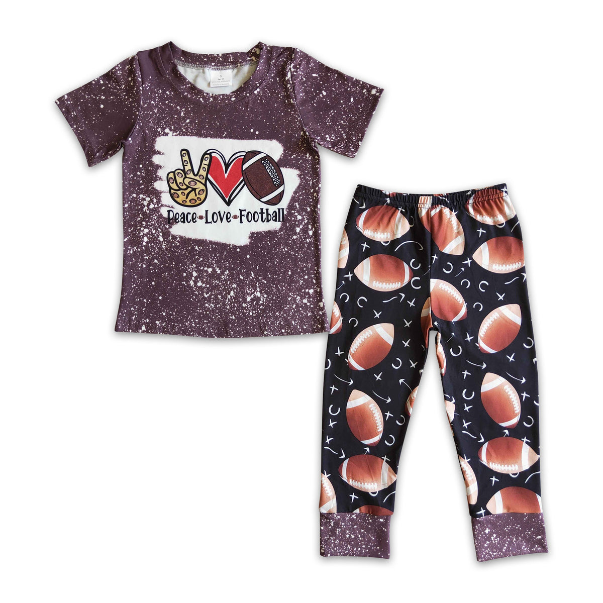 Kids football T-shirt and pajama pants set, maroon speckled top and black football-print pants