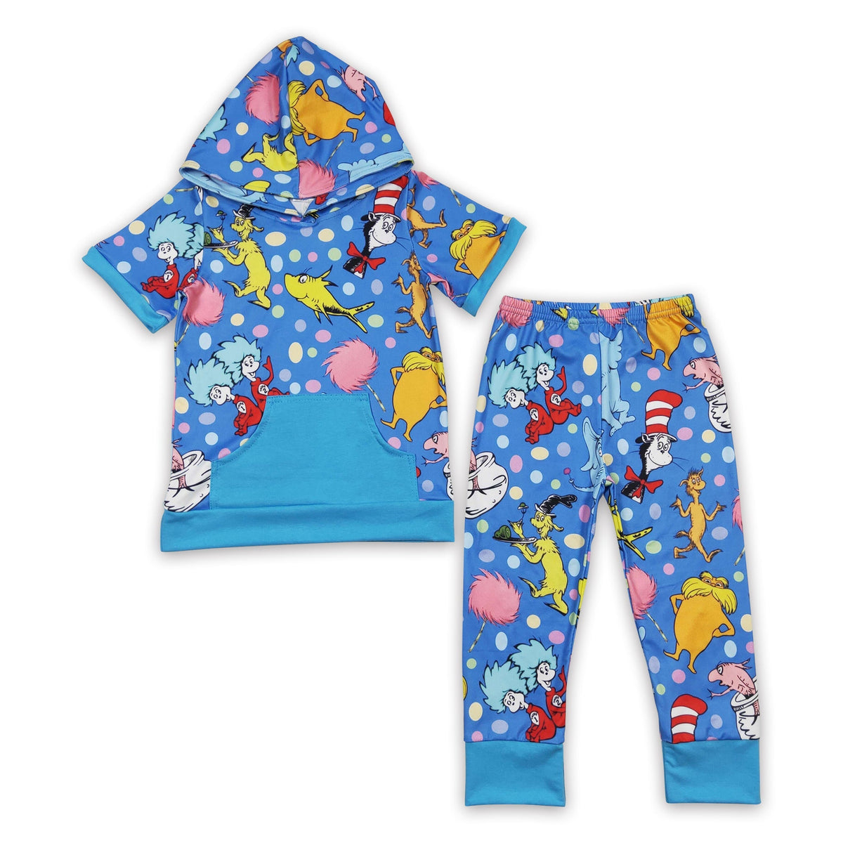 Kids hoodie and jogger set with blue cartoon animal print, hood and long sleeves
