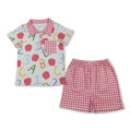 Boys short-sleeve polo and red gingham plaid shorts set with apple and number print