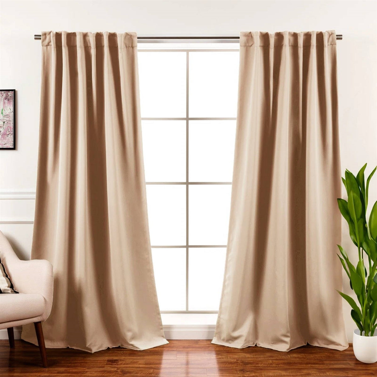 Beige cream thermal blackout curtain panels set of 2, floor-length with smooth vertical folds