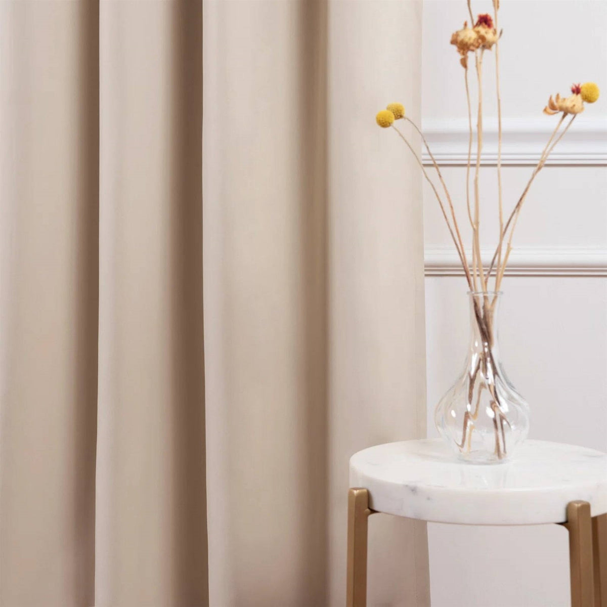 Beige cream thermal blackout curtain panels set of 2, side view with layered folds