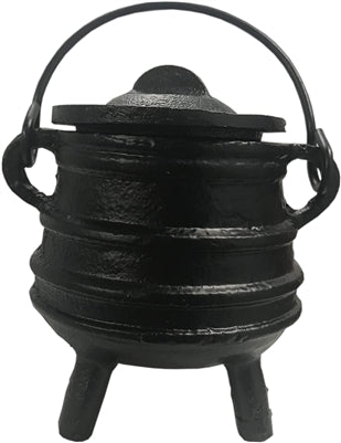 Ribbed cast iron cauldron with lid, dark finish and two side handles