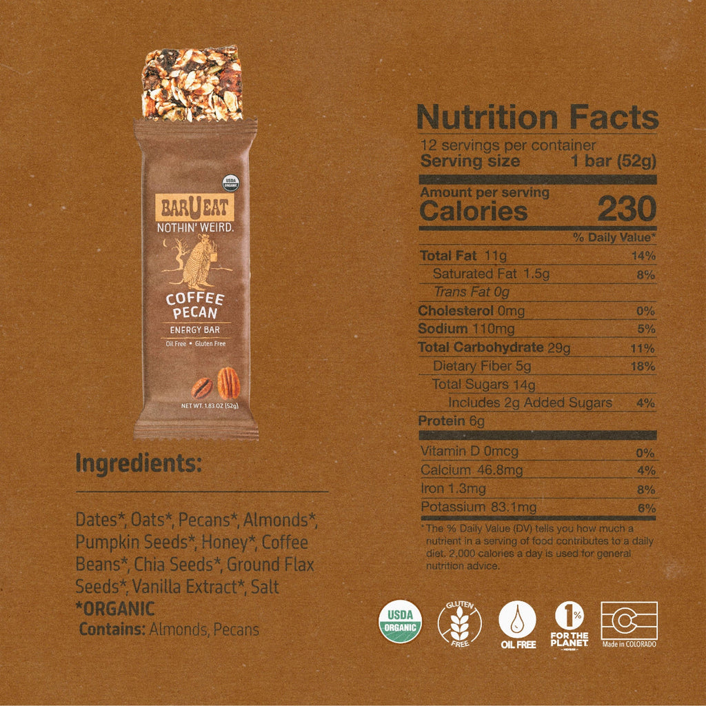 Coffee pecan energy bar nutrition facts and ingredients listing