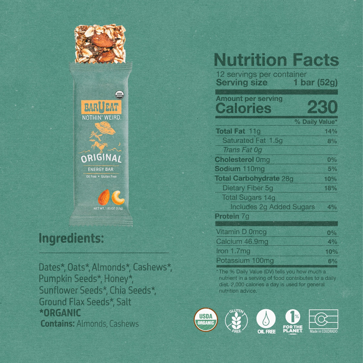 Original energy bar wrapper back with Nutrition Facts and ingredient list