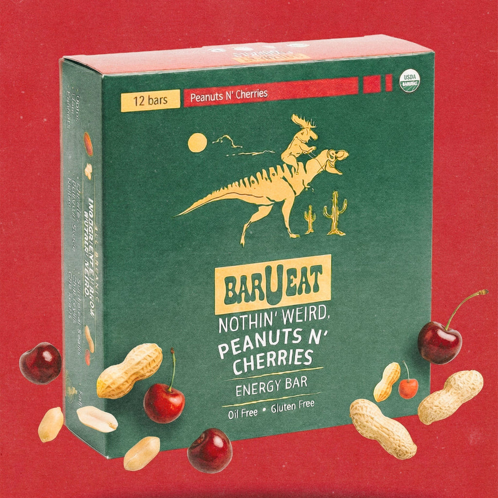Peanuts N' Cherries 12-bar energy bar box with peanut and cherry graphics
