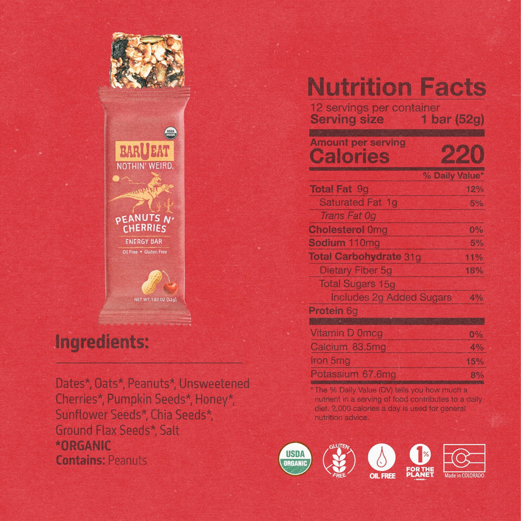 Energy bar wrapper nutrition facts panel with ingredients list