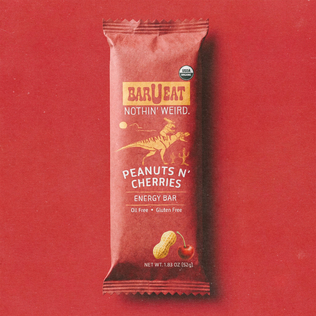 Peanuts N' Cherries energy bar wrapper with peanuts and cherry design