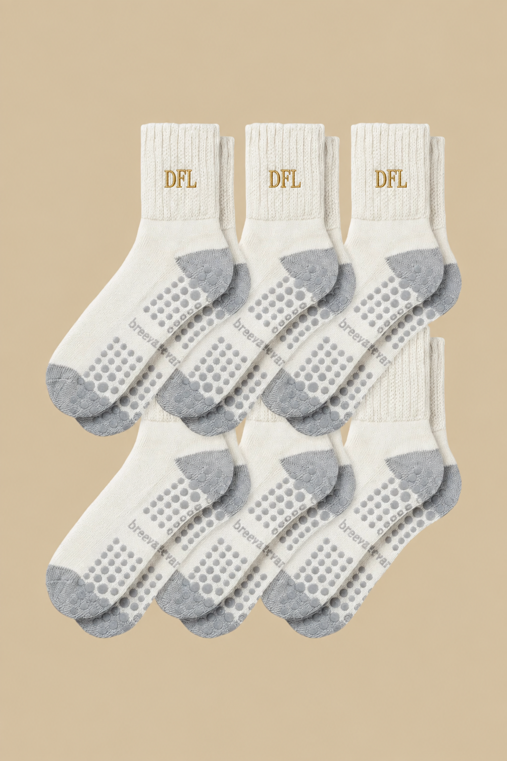 Men's crew socks 6-pack, white with gray non-slip dot grip and relaxed cuff, DFL logo