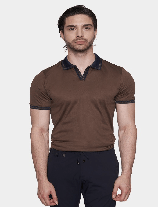 Chocolate open polo shirt with navy collar and sleeve trim, short-sleeve