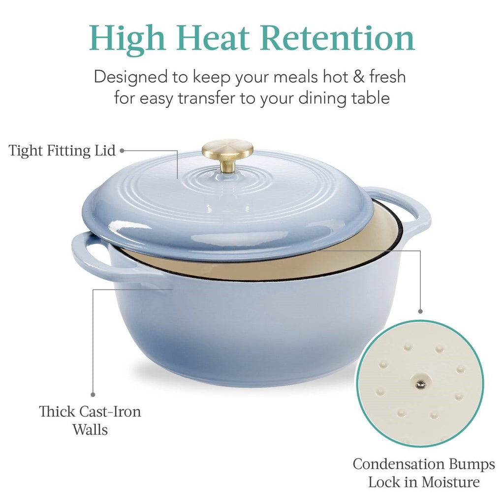 Light blue enamel Dutch oven with tight-fitting lid, gold knob, and side handles