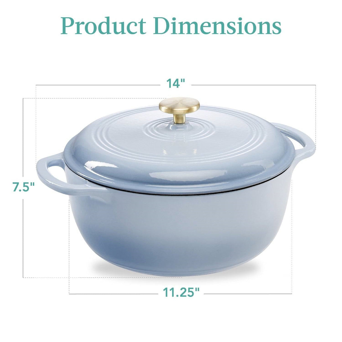 Light blue enamel Dutch oven with gold knob lid and side handles, round body