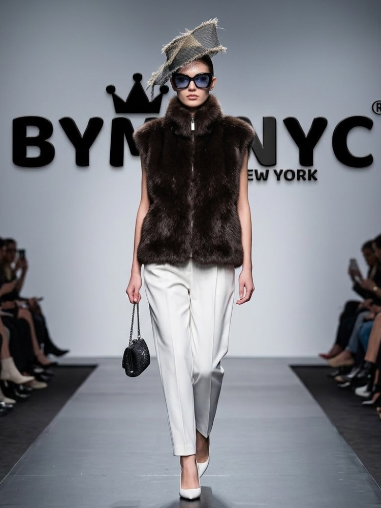 Brown plush faux fur high-neck vest, sleeveless worn over a light outfit