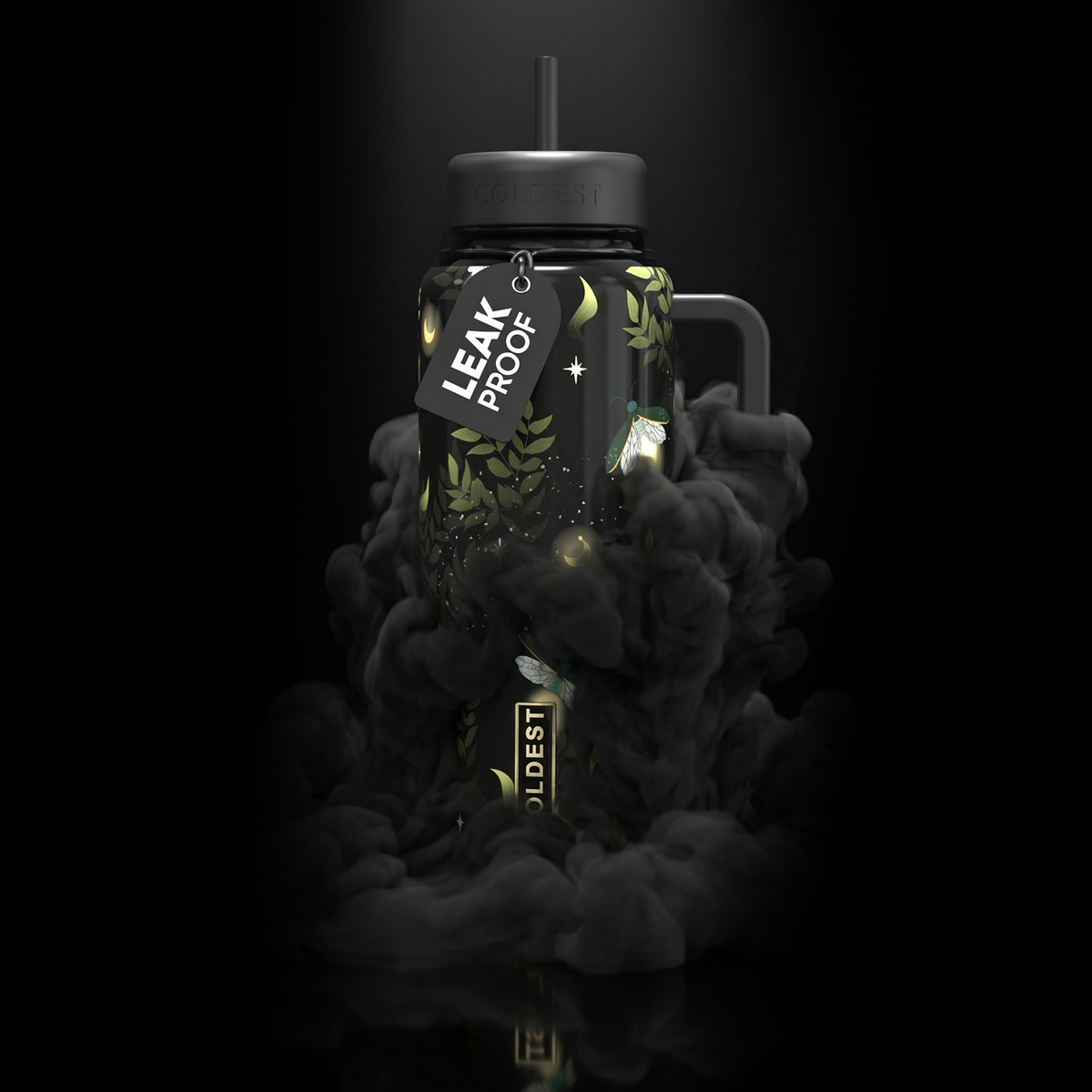 Black 24oz tumbler with handle and straw lid, dark leafy graphic design