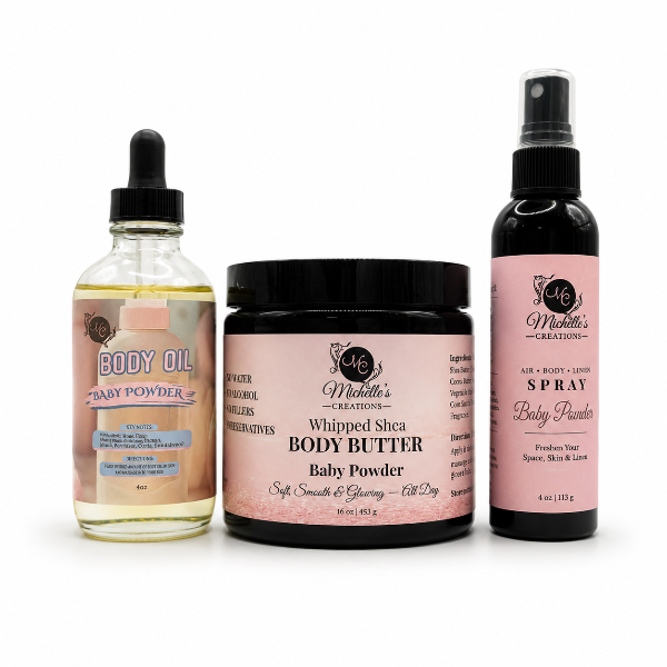Baby Powder body oil, whipped body butter jar, and air-body spray (3-piece set)