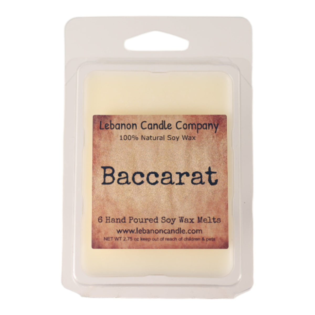 Baccarat soy wax melt in clear clamshell, cream wax insert with label
