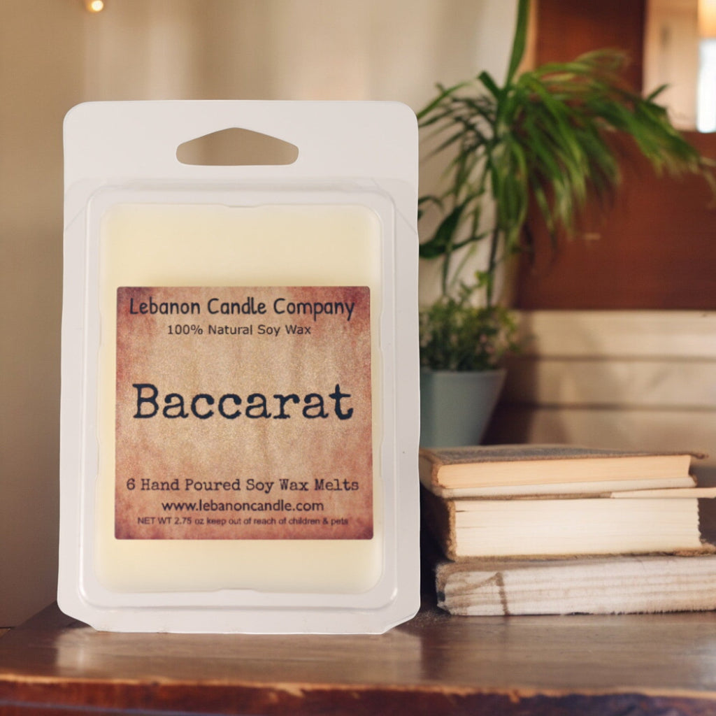 Baccarat soy wax melt clamshell with Lebanon Candle Company label, cream wax insert