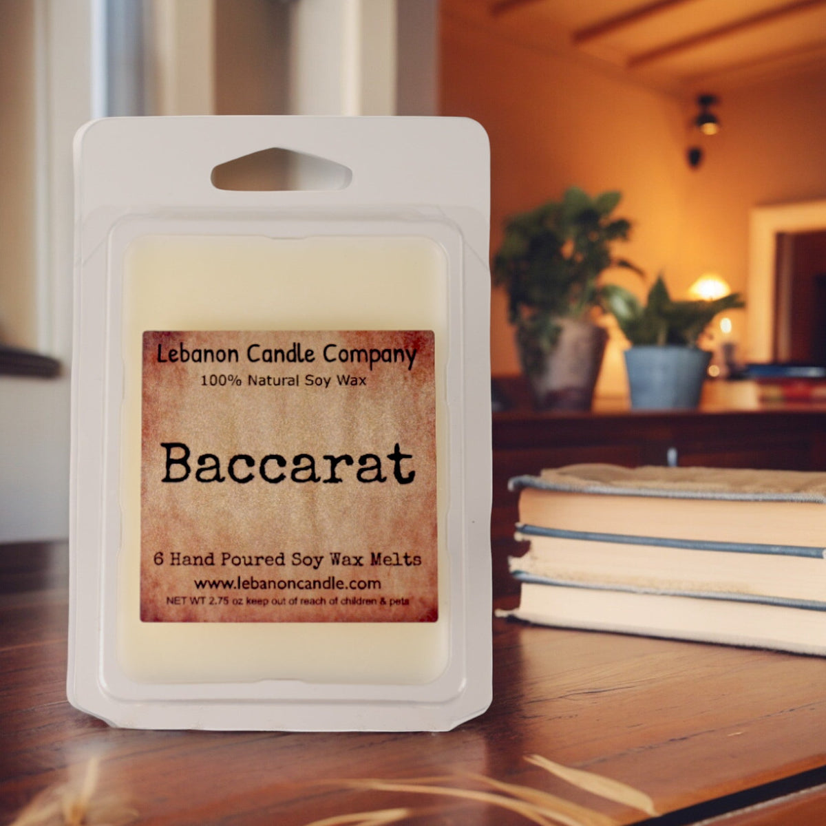 Baccarat soy wax melt clamshell with cream wax and label, six hand-poured melts