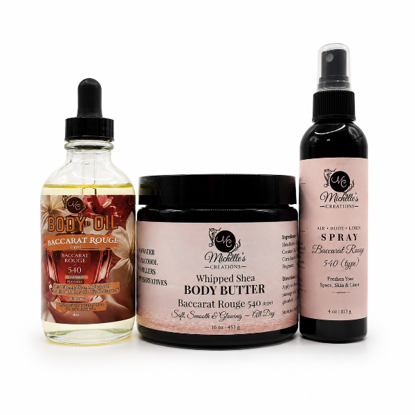 Baccarat Rouge 540 body oil, whipped body butter jar, and air-body spray (3-piece)