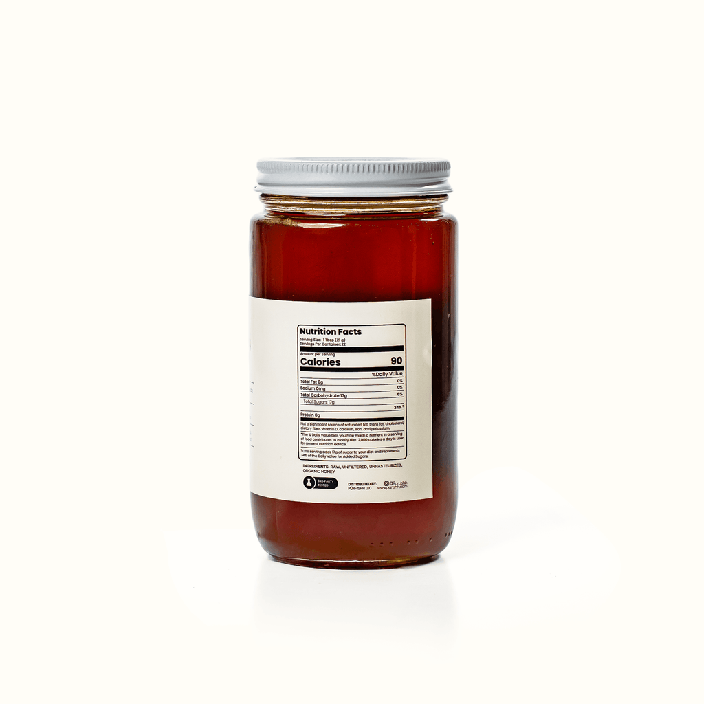 Back of raw honey jar with nutrition facts label, 16 oz