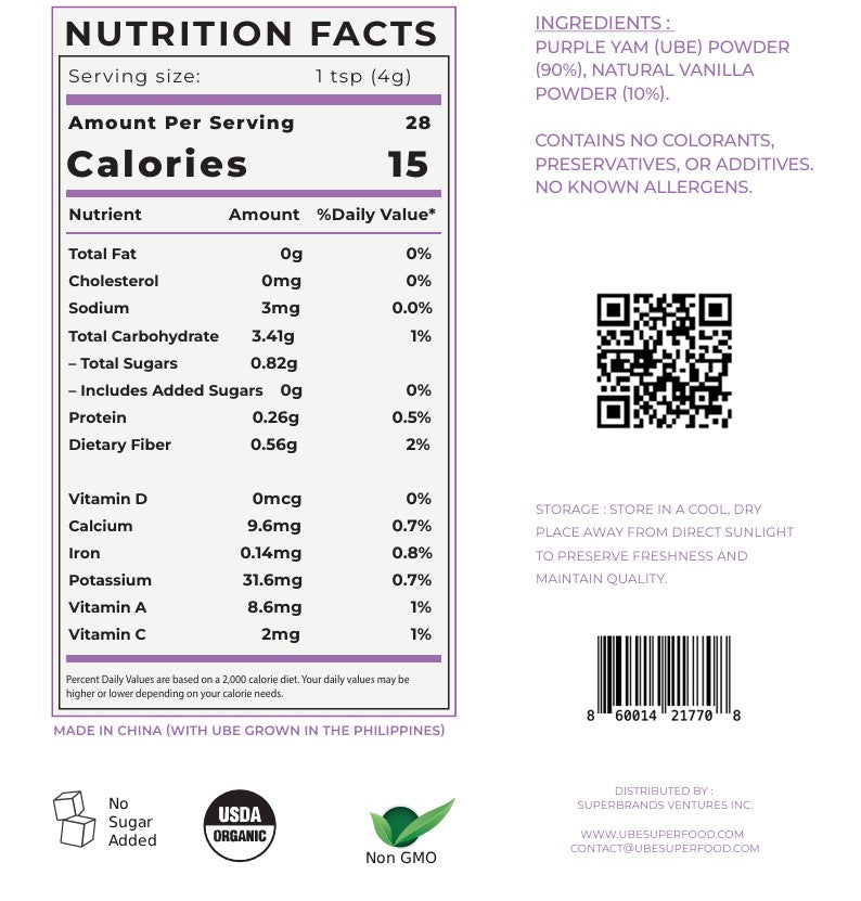 Ube powder package label panel with nutrition facts and barcode