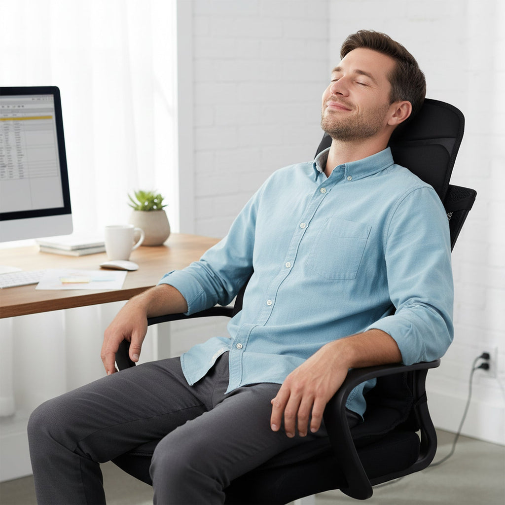 Black back massager seat cushion, heating and vibration on chair, man seated