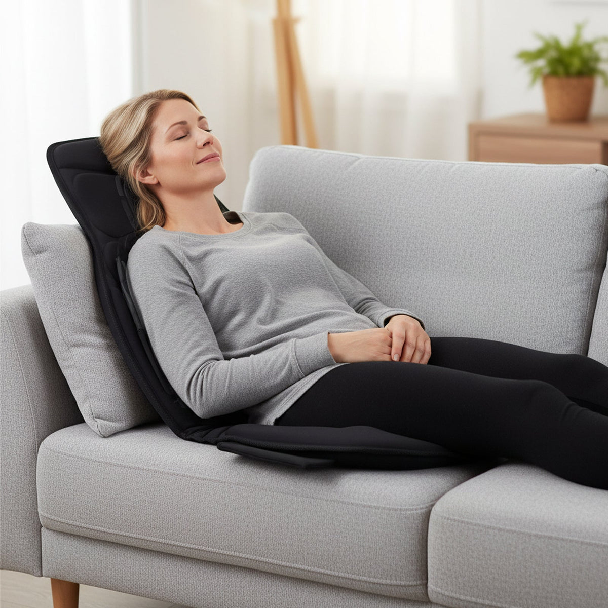 Back massager seat cushion on a sofa, black unit under a woman lying back