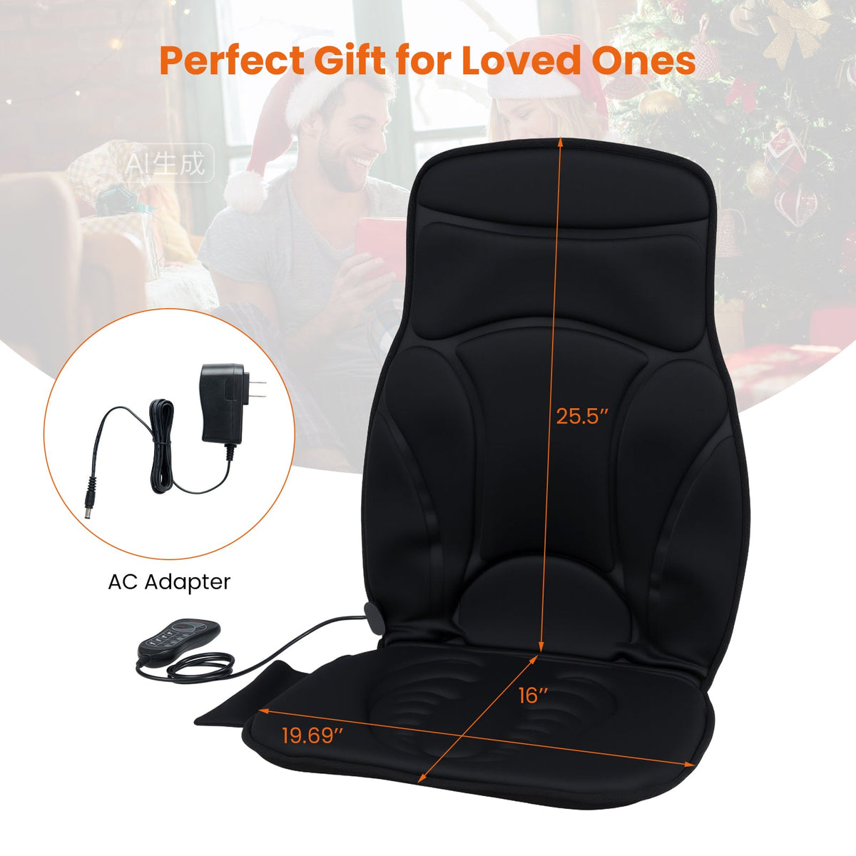 Black back massager seat cushion with power adapter and controller, shown front view