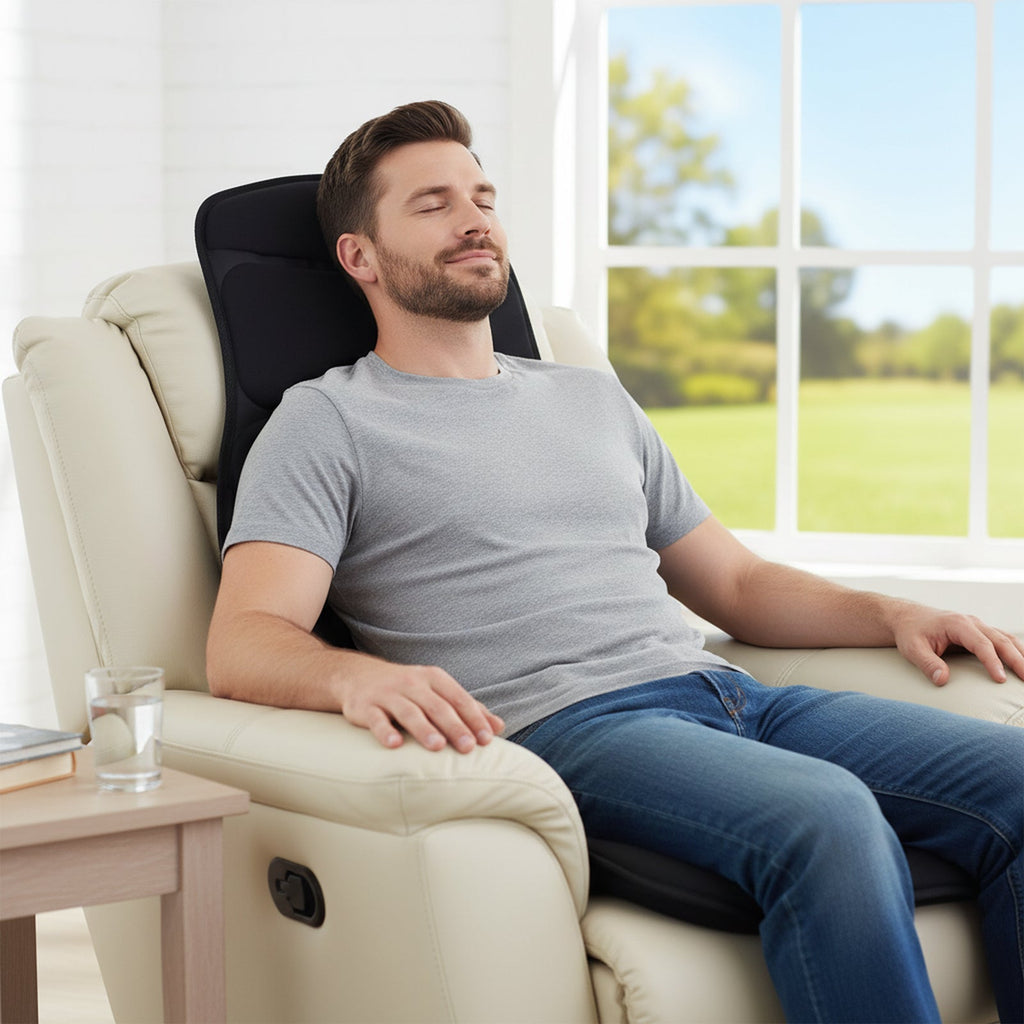 Black back massager seat cushion on beige couch, man seated and relaxing