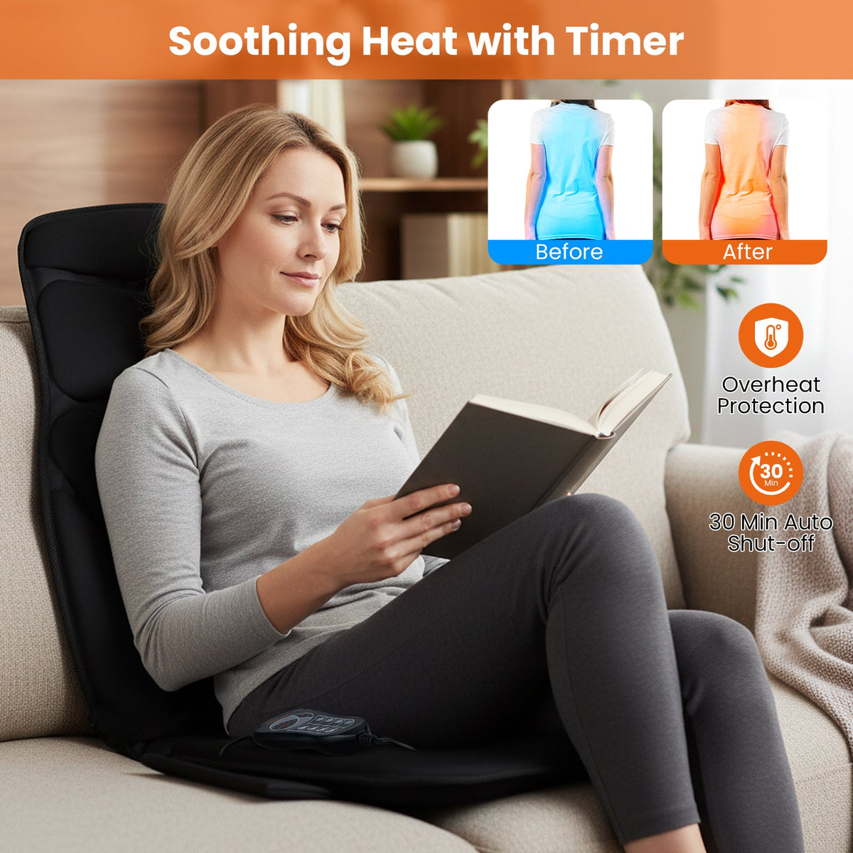Black back massager seat cushion with heat, woman seated on sofa holding a remote