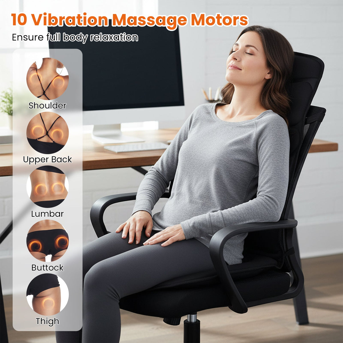 Black back massager seat cushion with multiple massage zones, woman seated upright
