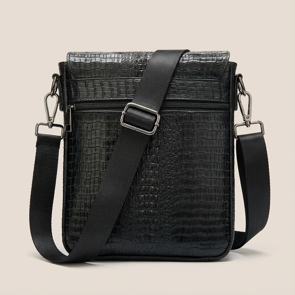 Black structured croc-embossed leather sling bag with flap and wide adjustable strap