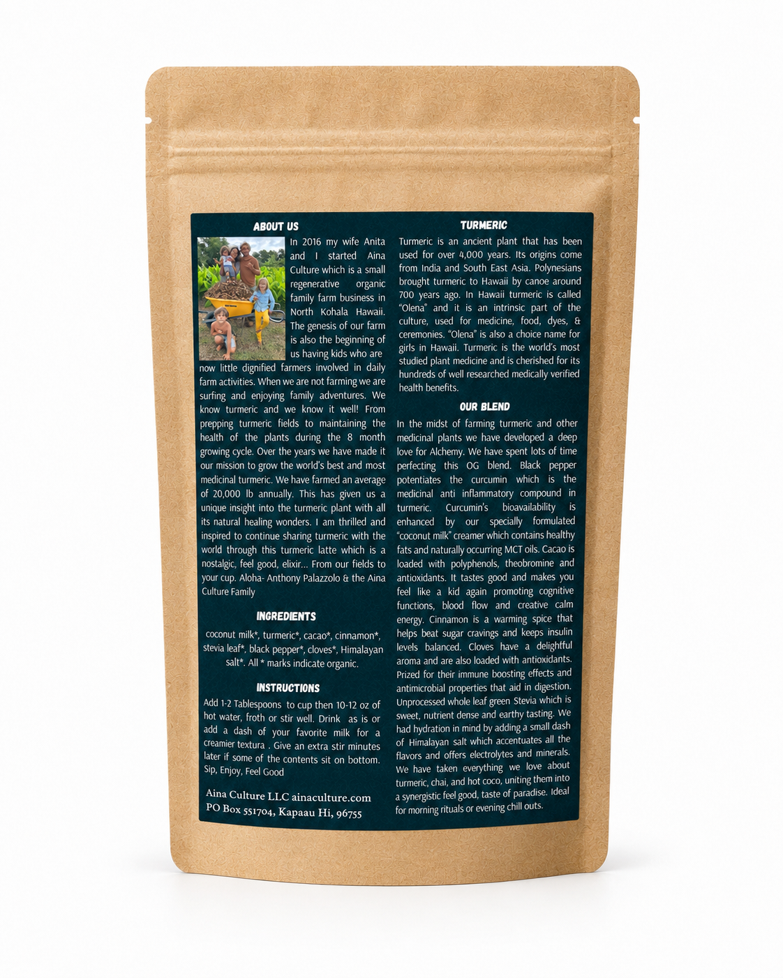 Organic turmeric elixir pouch with readable nutrition and ingredients panel
